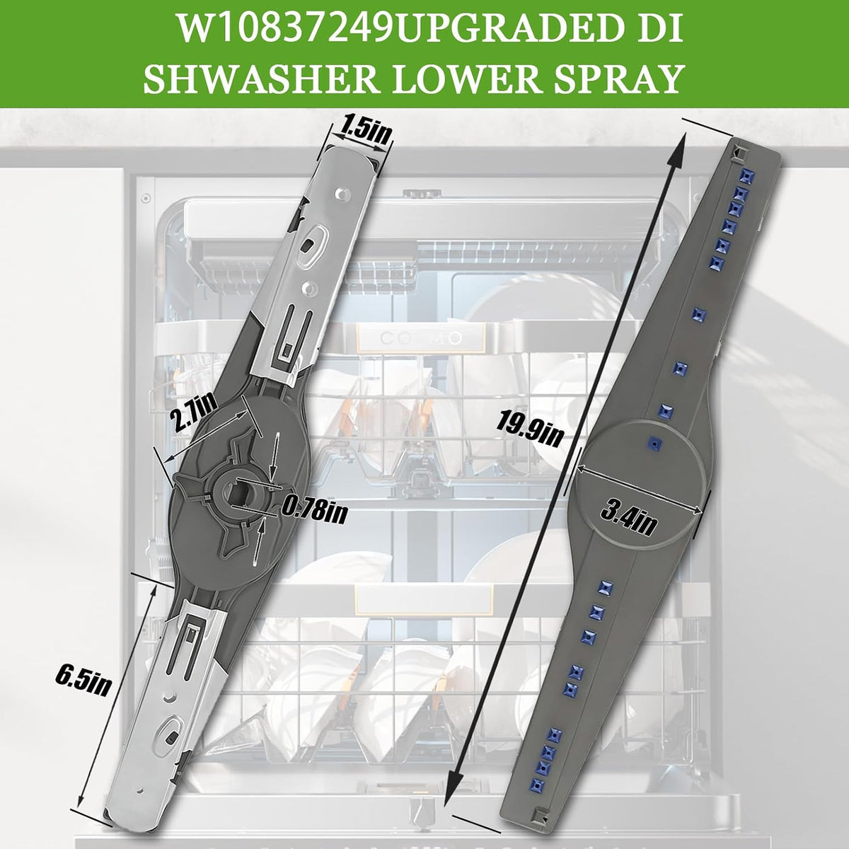 W10837249 Dishwasher Lower Spray Arm for Whirlpool WDT750SAHZ0 WDTA50SAHZ0