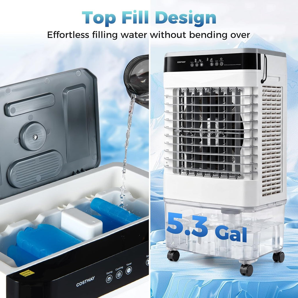 3-in-1 Swamp Cooler, 2100 CFM Evaporative Air Cooler, White | Portable Cooling Fan with Remote, 5.3 Gal Water Tank, 3