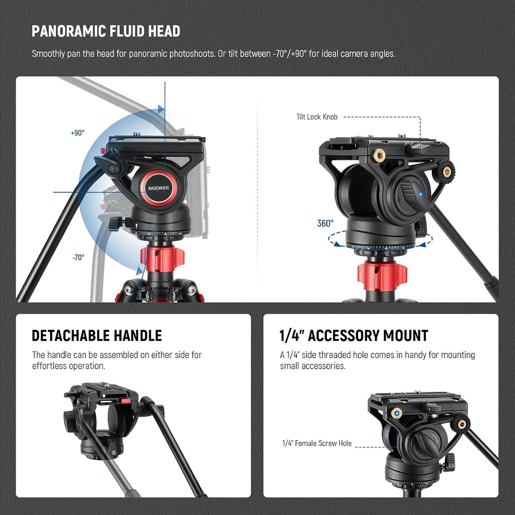 72" Fluid Head Video Tripod Monopod, Aluminum Alloy QR Plate Compatible with DJI RS Gimbal, 360° Pan & +90°/-70° Tilt