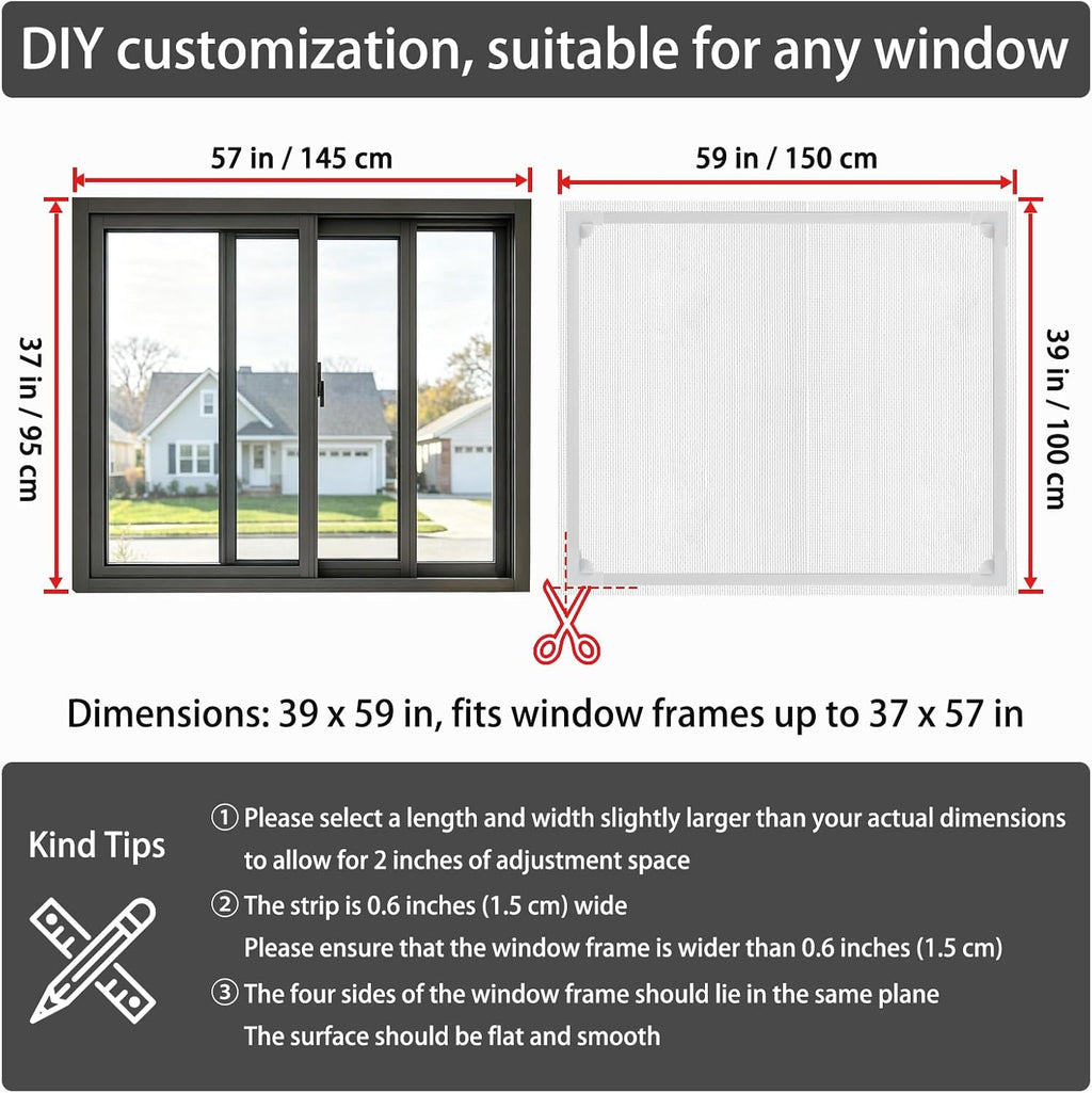 Magnetic Window Screen - DIY Adjustable Mesh, 55"x36", Bug-Proof & Airy