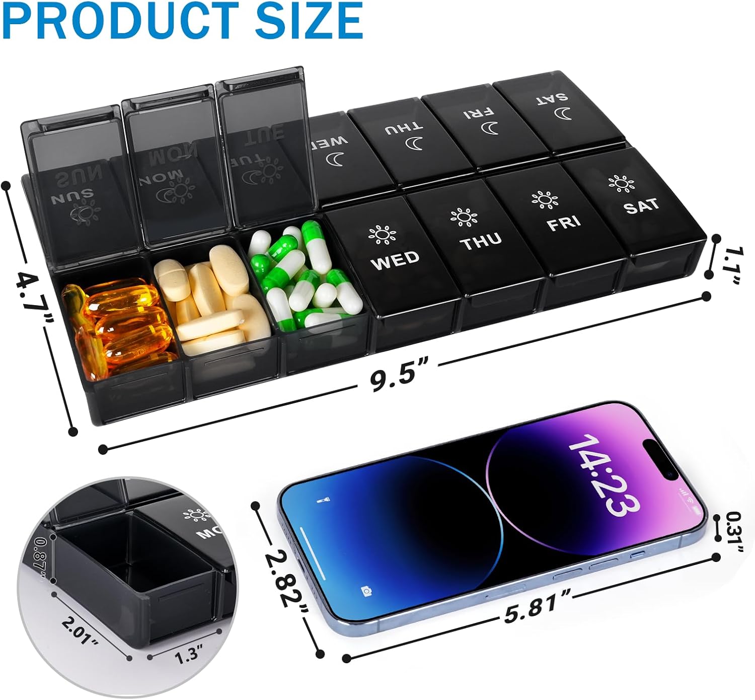 Extra Large Weekly Pill Organizer 2 Times a Day, 7 Day AM PM Pill Box with XL Capacity Compartments, Jumbo Vitamins