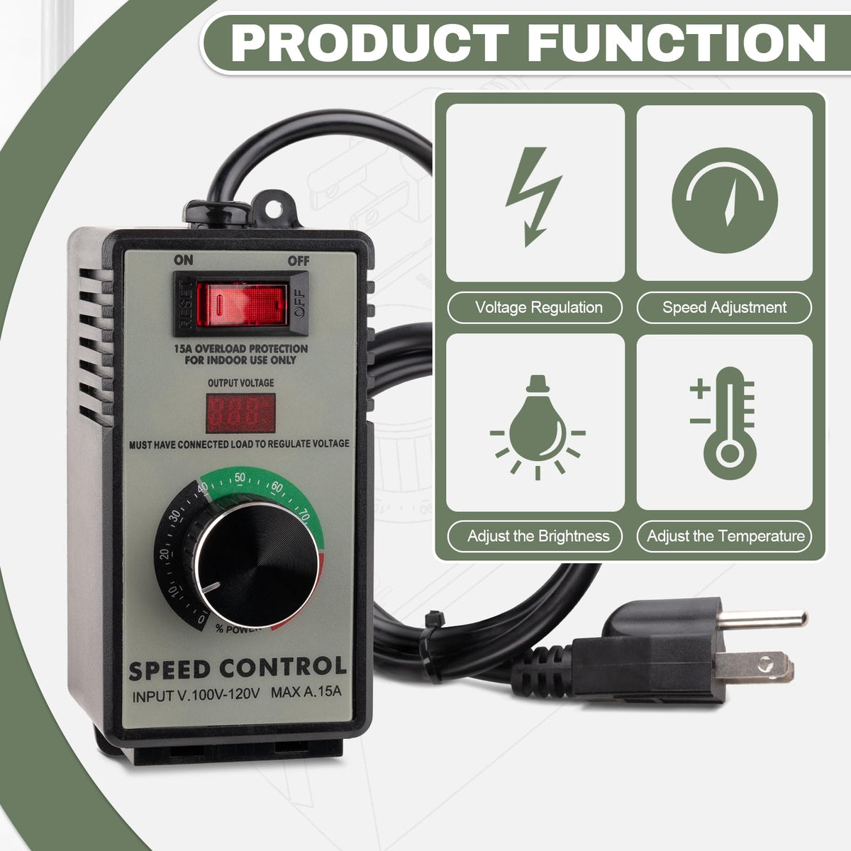 AC Motor Speed Controller, 120V 15A Speed Regulator for Brushed Motors