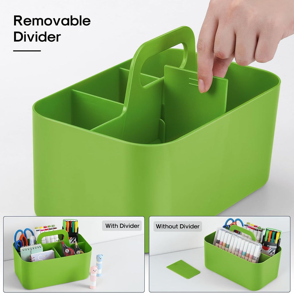 Multiuse Caddy Organizer with Handle, Portable Divided Plastic Tote Bin - Art Craft, Stationary Pen Marker Crayons