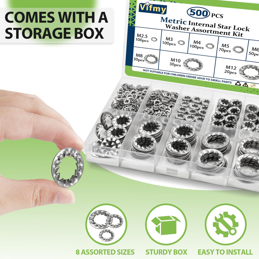 Star Washers Internal Tooth Lock Washers Assortment (M2.5-M12) 500Pcs