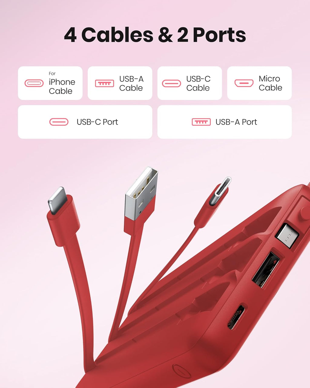Portable Charger Power Bank, External Battery Pack with Cords Wires, Light 10000mAh Travel Essentials Battery Bank 5