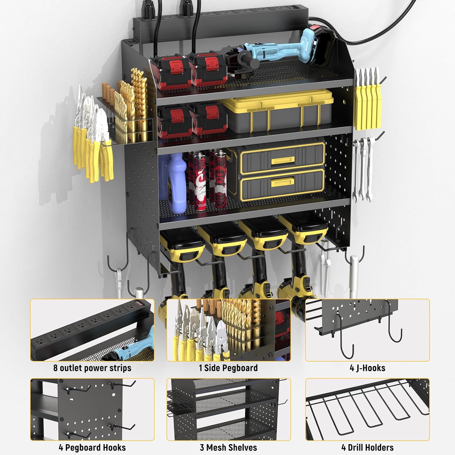 Drill Holder Wall Mount with 8-Outlet Charging Station, 190lbs Load 4 Layers Carbon Steel Heavy Duty Power Tool
