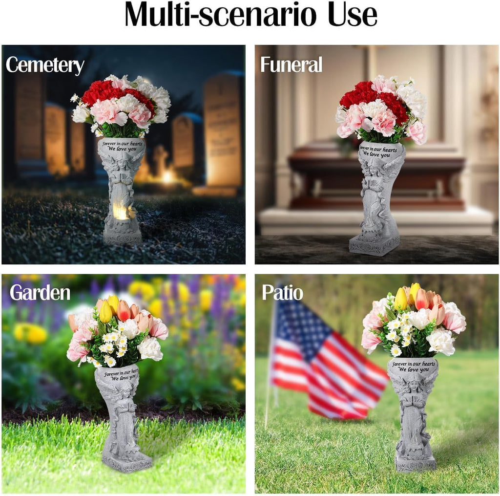 Solar Cemetery Vase for Grave, Praying Angel Garden Stake Sculpture