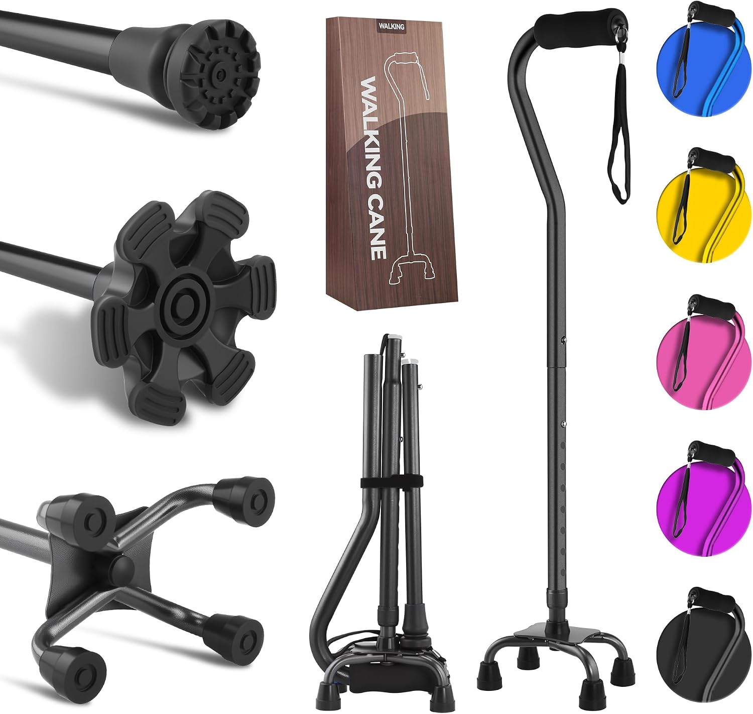Walking Canes Stablize Women Quad Canes for Seniors & Adults Foldable Adjustable for Men & Women Heavy Duty