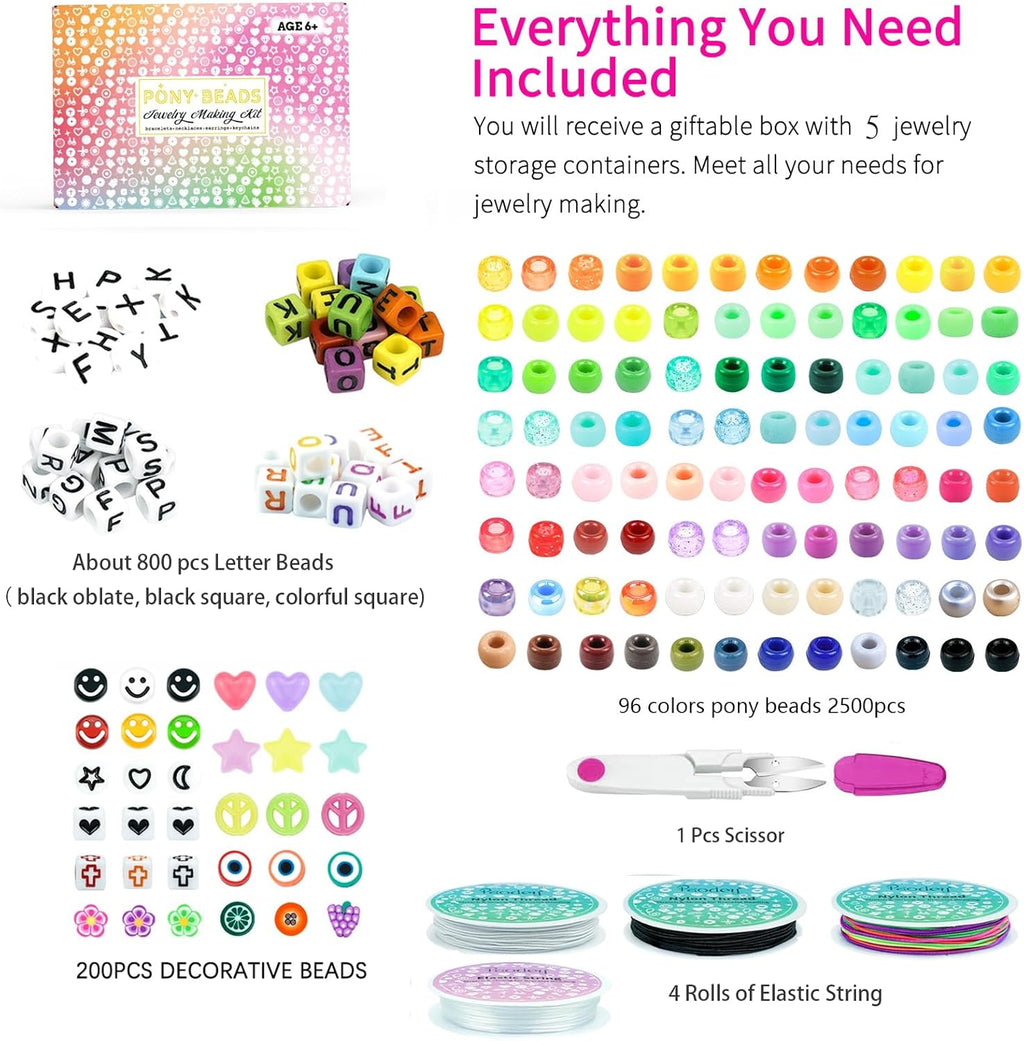 5 Boxes Bracelet Making Kit Pony Beads, 96 Colors 3500Pcs Kandi Beads for Bracelets with 800Pcs Letter Bead