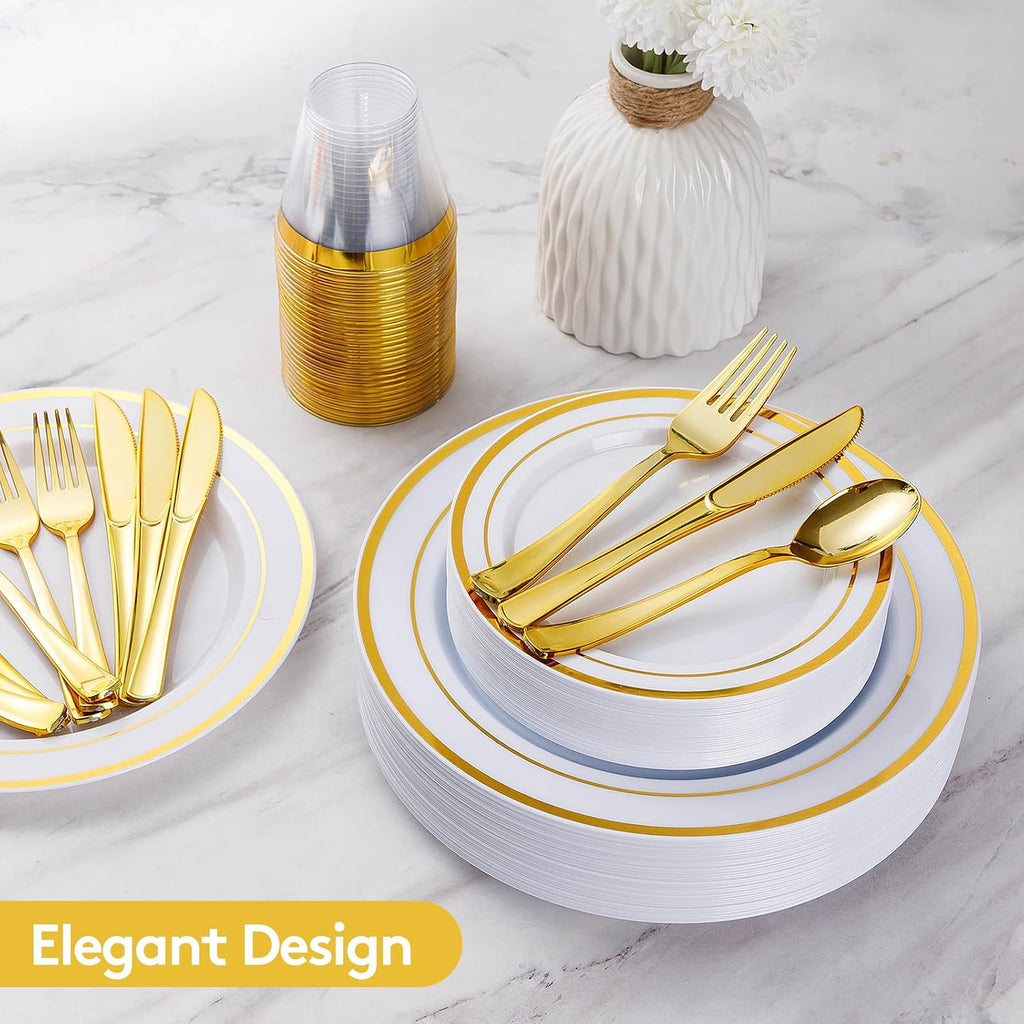 600 Pieces Gold Disposable Plastic Plates for 100 Guests