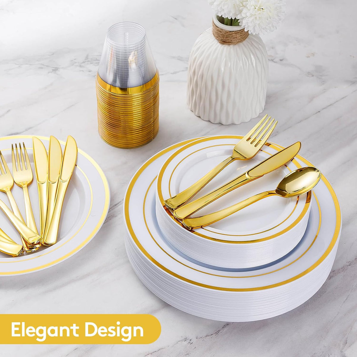 600 Pieces Gold Disposable Plastic Plates for 100 Guests