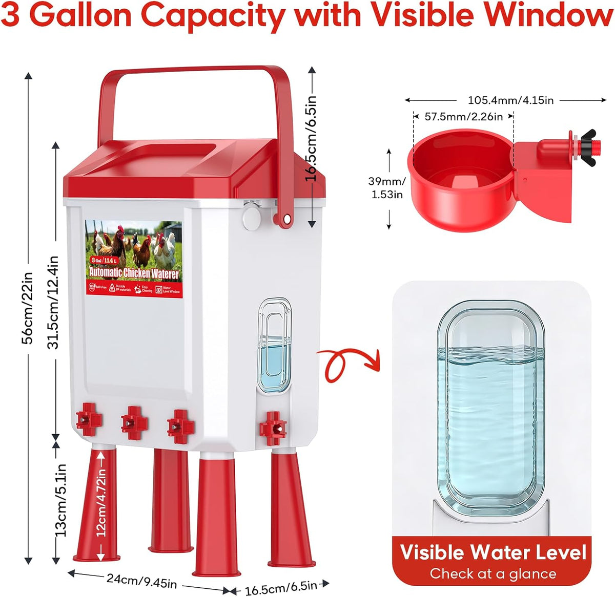 Continuous Automatic Chicken Waterer 3 Gallons with Float Valve, Water Hose