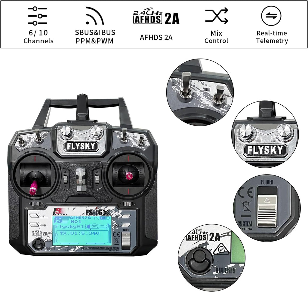 FS-i6X 10 Ch Transmitter, 2.4GHz RC Controller with FS-iA6B Receiver for Drone Multirotor Airplane Helicopter Car