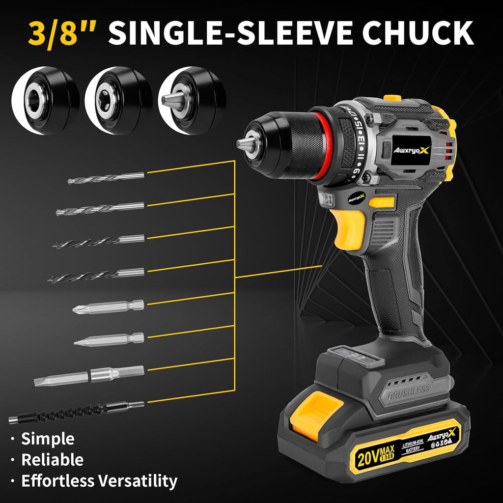Brushless Compact Drill Tool Set, 60N.m 20V Cordless Drill Tool Box with 2 Battery, 135Pcs Man Household Combo Set