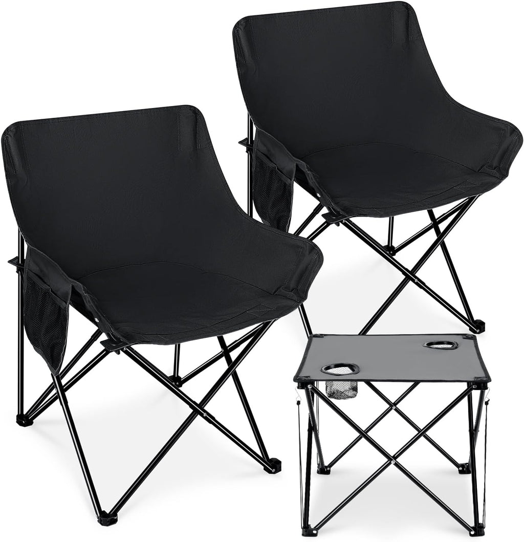 Camping Chairs for Adults, 2 Pack Folding Lawn Chair & Table, Black | Oversized & Portable Beach Chair for Outdoor