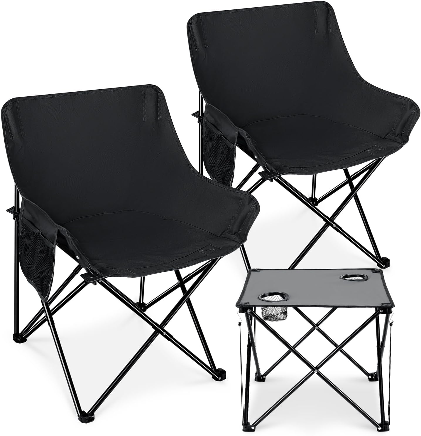 Camping Chairs for Adults, 2 Pack Folding Lawn Chair & Table, Black | Oversized & Portable Beach Chair for Outdoor