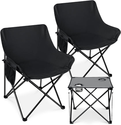Camping Chairs for Adults, 2 Pack Folding Lawn Chair & Table, Black | Oversized & Portable Beach Chair for Outdoor