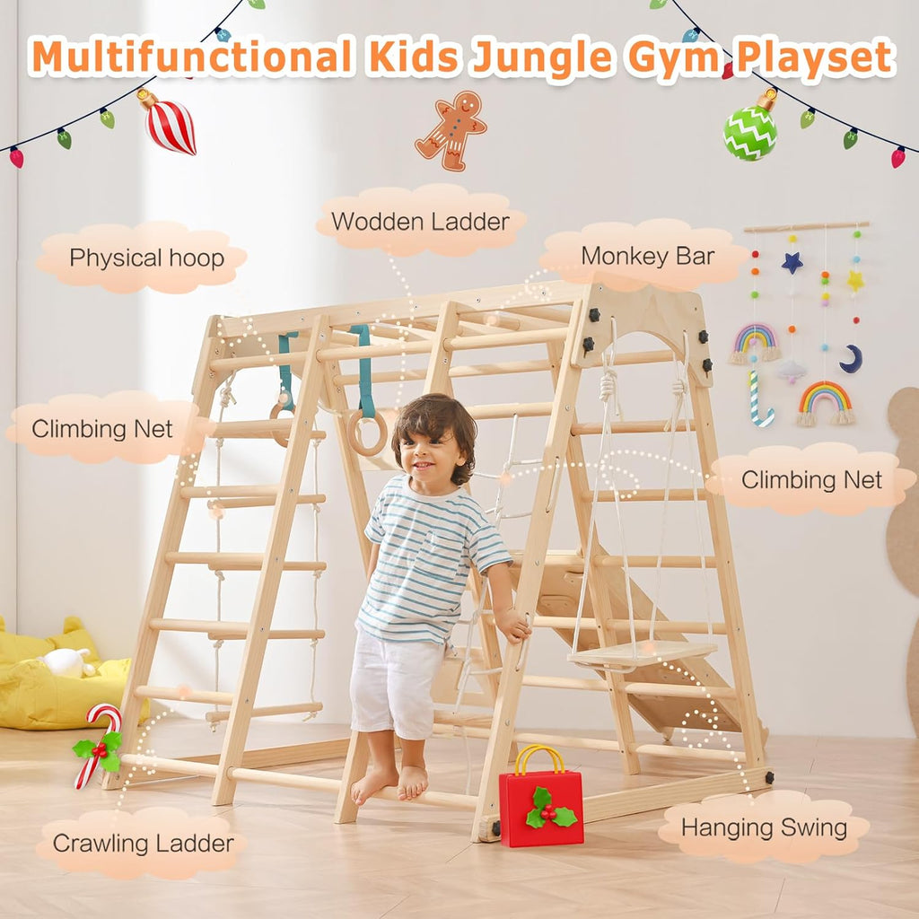 12-in-1 Toddler Playground - Foldable Kids Climbing Set with Slide, Rock/Net, Monkey Bars, Drawing Board, Swing and