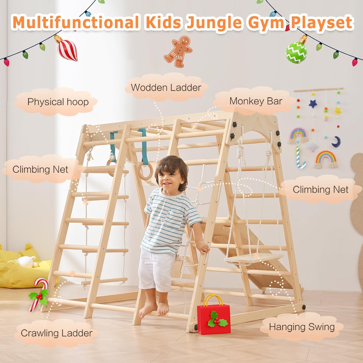 12-in-1 Toddler Playground - Foldable Kids Climbing Set with Slide, Rock/Net, Monkey Bars, Drawing Board, Swing and
