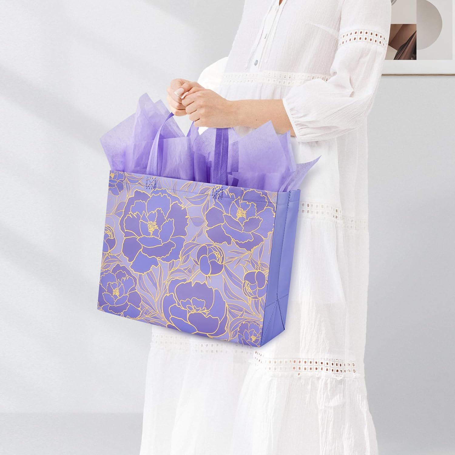 2 Pack 13" Large Beautiful Gift Bags Set with Greeting Card and Tissue Paper, Reusable Non-Woven Gift Wrap Bags with