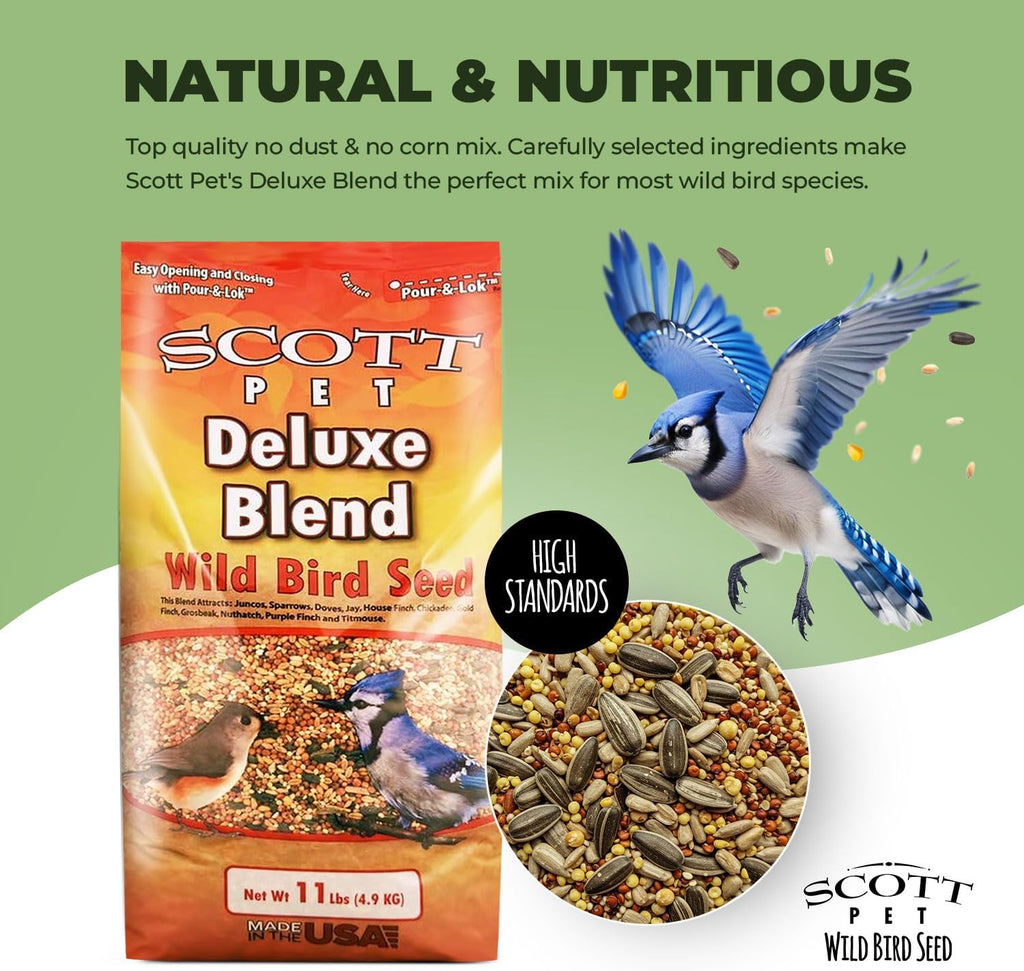 Wild Bird Seed, Deluxe Blend, 11lb, High Protein & Fiber | No dust. Attracts Juncos, Jays, Finches, Grosbeaks