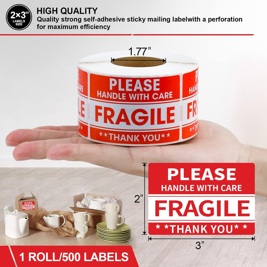 2"x 3" Fragile Stickers 500 Packing Labels Handle with Care Strong Adhesive for Box Shipping and Moving