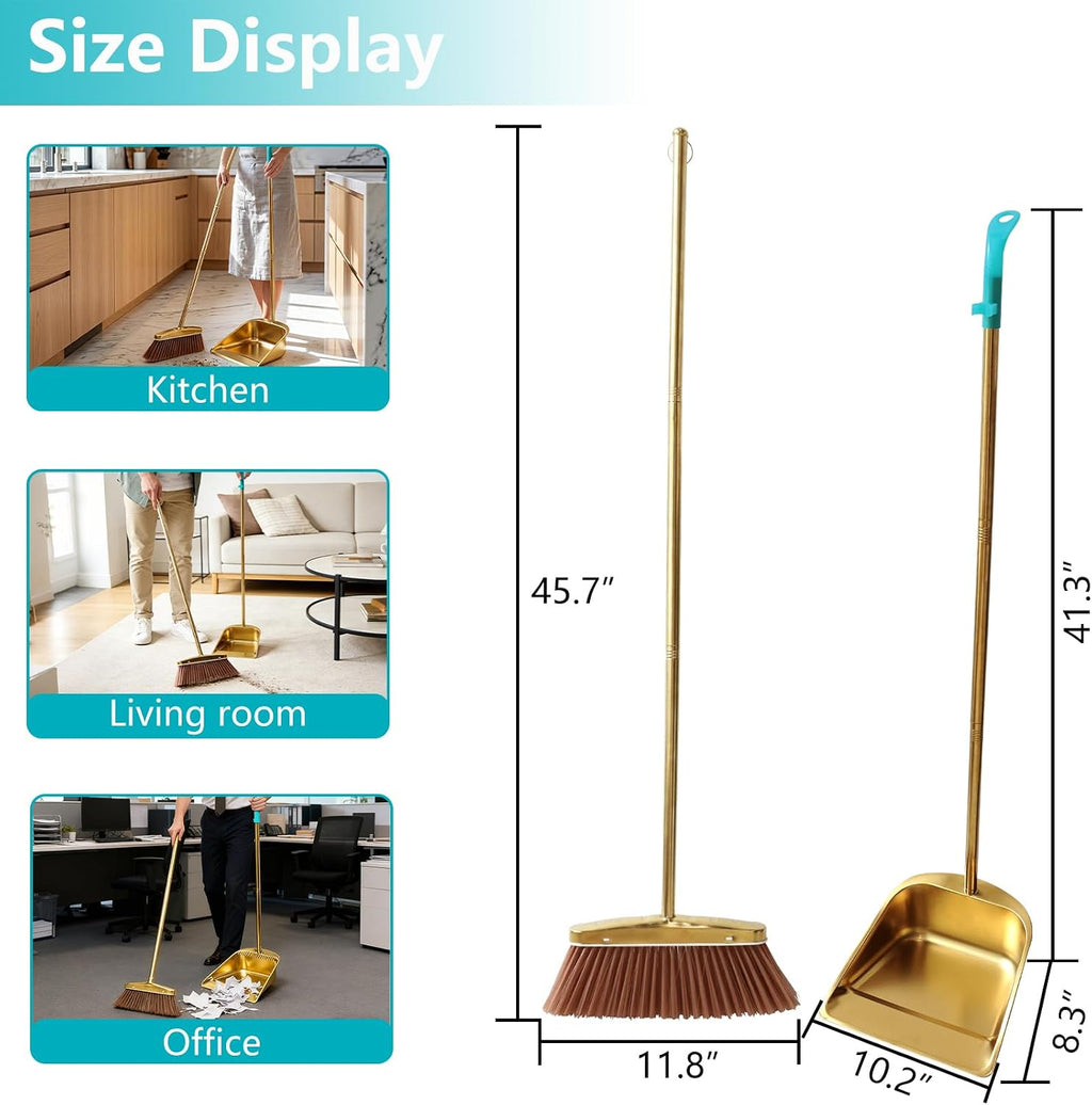 Gold Broom and Dustpan Set, Minimalist Upright Sweeper with Long Handle, Heavy Duty Stainless Steel Metal Dust Pan