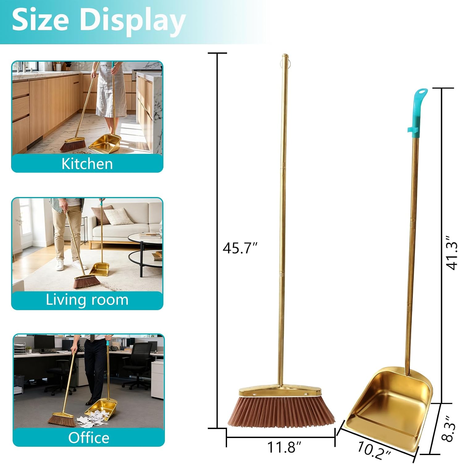 Gold Broom and Dustpan Set, Minimalist Upright Sweeper with Long Handle, Heavy Duty Stainless Steel Metal Dust Pan