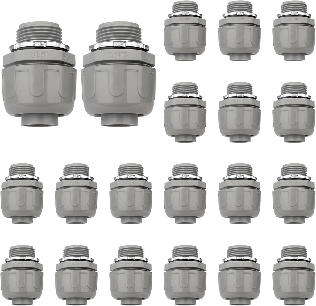 Conduit Connectors, 3/4 Inch, Straight, Grey, 20-Pack