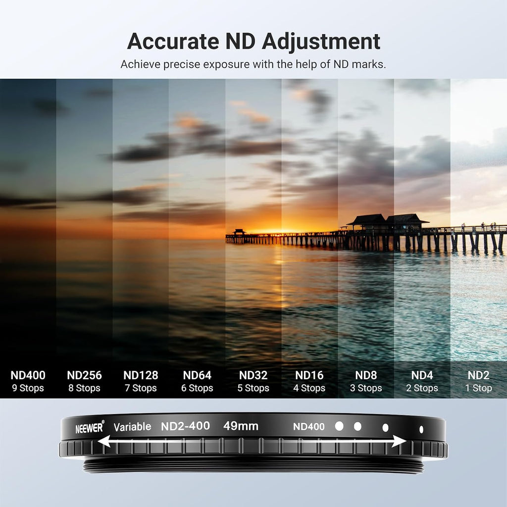 49mm Variable ND + CPL + UV Filter Kit (3 Pack), Multicoated Neutral Density (ND2-400) Circular Polarizer Camera Lens