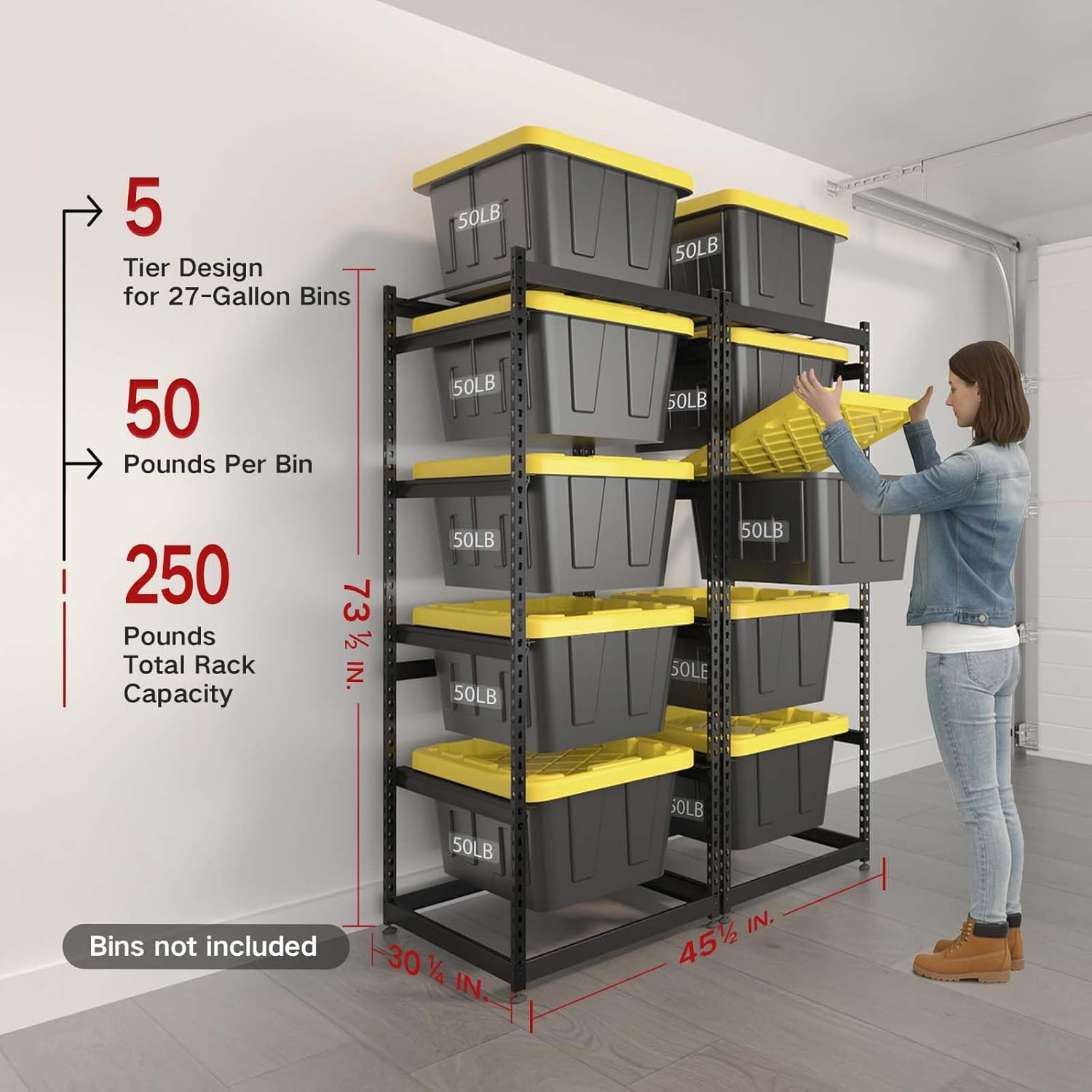 27 Gallon Tote Storage Rack, Heavy-Duty Storage Bin Rack Organizer, 5-Tier Standing Storage Bin Shelves, 250 lb