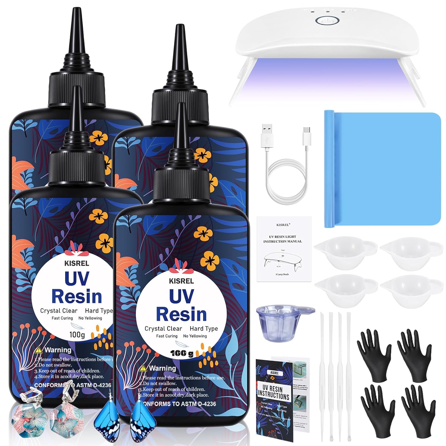UV Resin with Light - 400g Hard Type Crystal Clear Ultraviolet Curing UV Resin Kit, 8 Lamp Beads UV