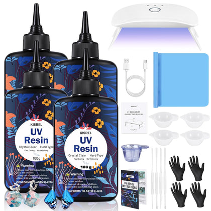 UV Resin with Light - 400g Hard Type Crystal Clear Ultraviolet Curing UV Resin Kit, 8 Lamp Beads UV