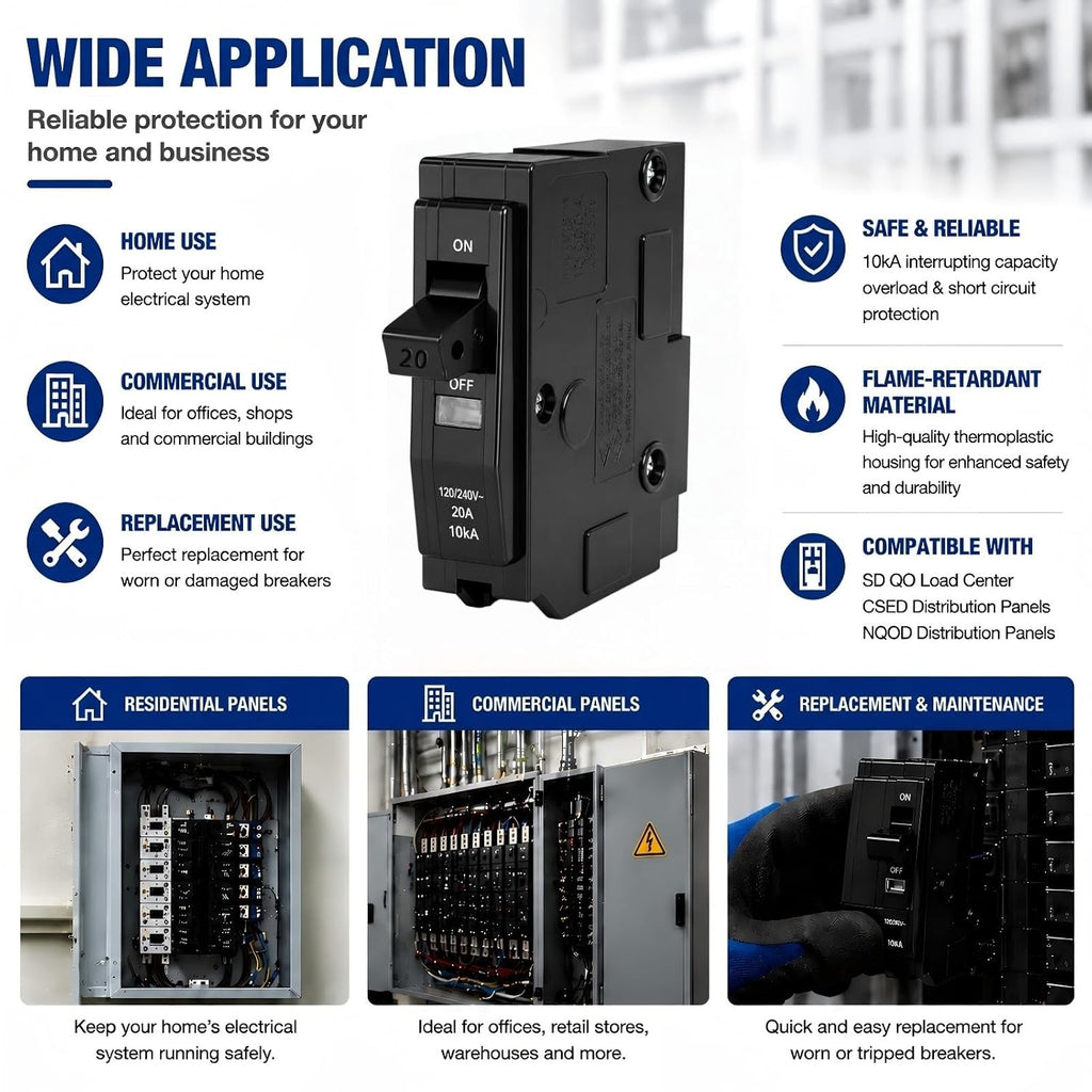 1-Pole 20 Amp Circuit Breaker, Compatible with QO120, for QO Load Centers | 120/240V AC, 10kAIC, Thermal Magnetic