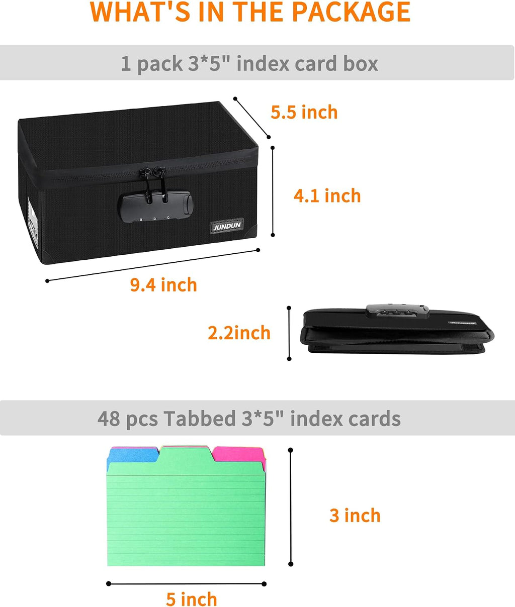 Index Card Holder with 48 Pieces 3x5 Inch Index Card Dividers | Collapsible Fireproof Index Card Box with Lock fits