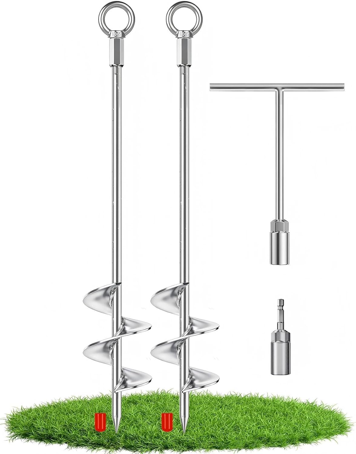 Shed Anchor Kit 30" Heavy Duty Ground Anchors Screw in 2 Pack– with T-Handle & Drill Bit Adaptor, Chrome Plated Solid