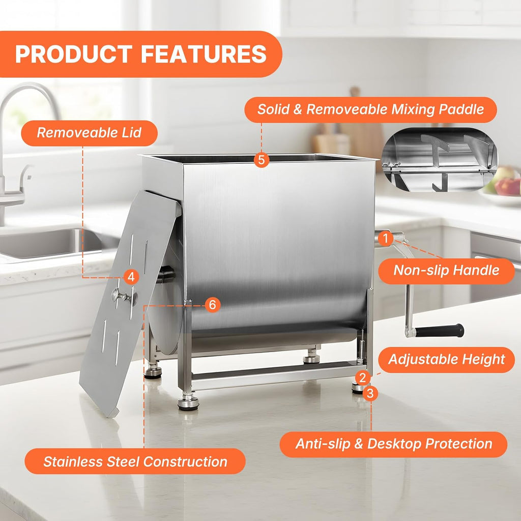 Hakka Manual Meat Mixer 15lb/7.5L, 10L Stainless Steel Updated Commerial Food Mixer for Meat and Seasonings, Sausage