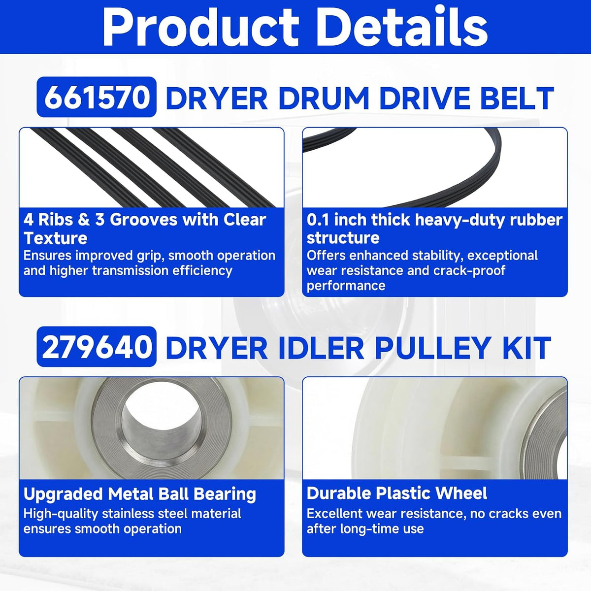 Dryer Idler Pulley Kit 661570 279640 W10837240 for Whirlpool Kenmore Maytag