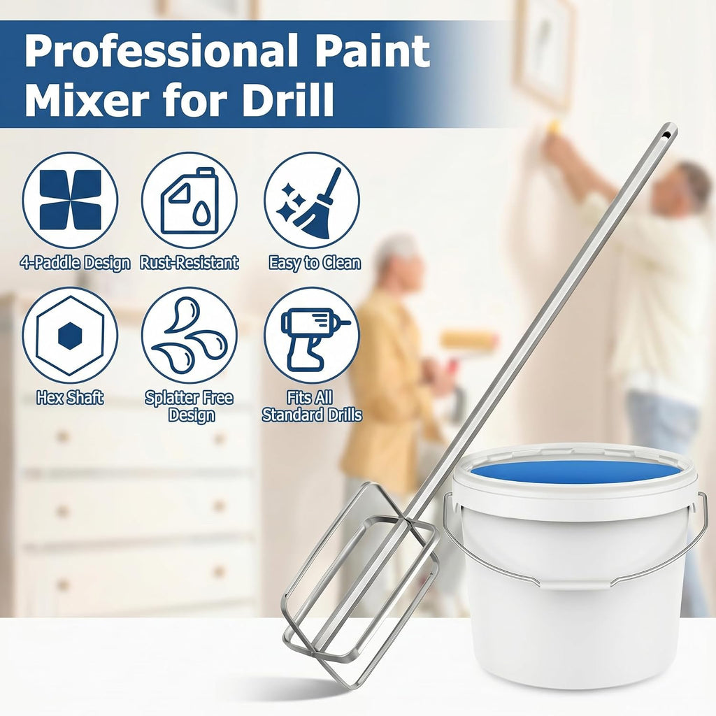 Paint Mixer for Drill, 15.7" Stainless Steel Mixing Paddle | Hex Shaft Attachment, 4-Blade Head, Rust-Proof, Easy to