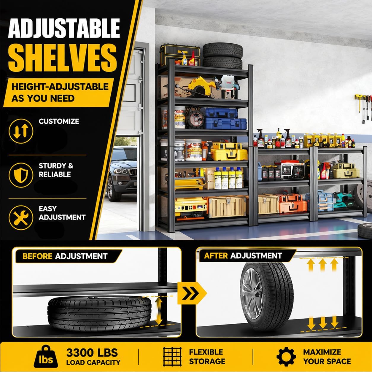 72''H Garage Shelving, 5 Tier Heavy Duty Shelving with Side Rails | 2500 lbs Capacity Garage Storage