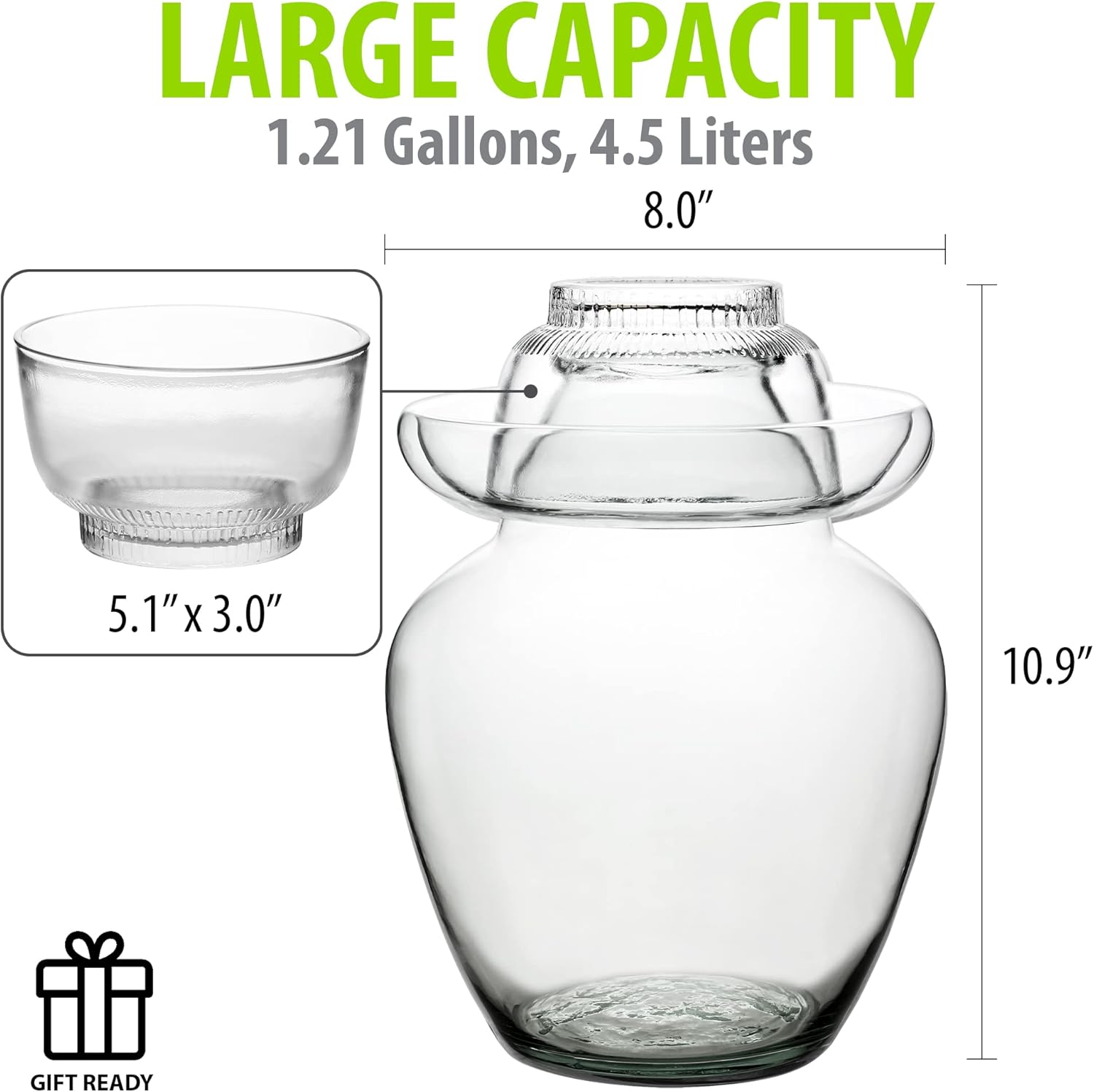 Sichuan Pickling Jar, 4.5 L Glass Fermentation Crock, Airlock | Water-Seal Airlock Lid Lets Gases Escape & Keeps Air