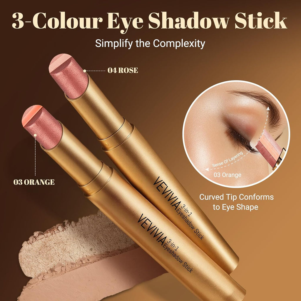 Vevivia 2-Pack 3-Color Eyeshadow Sticks, Waterproof Rose & Orange Shimmer