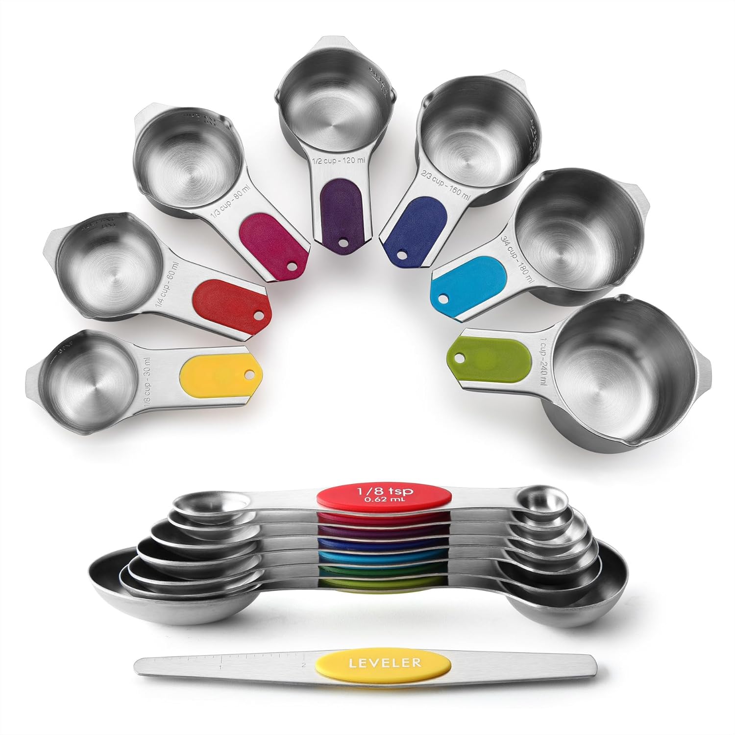 Magnetic Measuring Cups & Spoons Set, Patented, Strong N45 Magnets, Heavy Duty Stainless Steel Fits in Spice Jars for