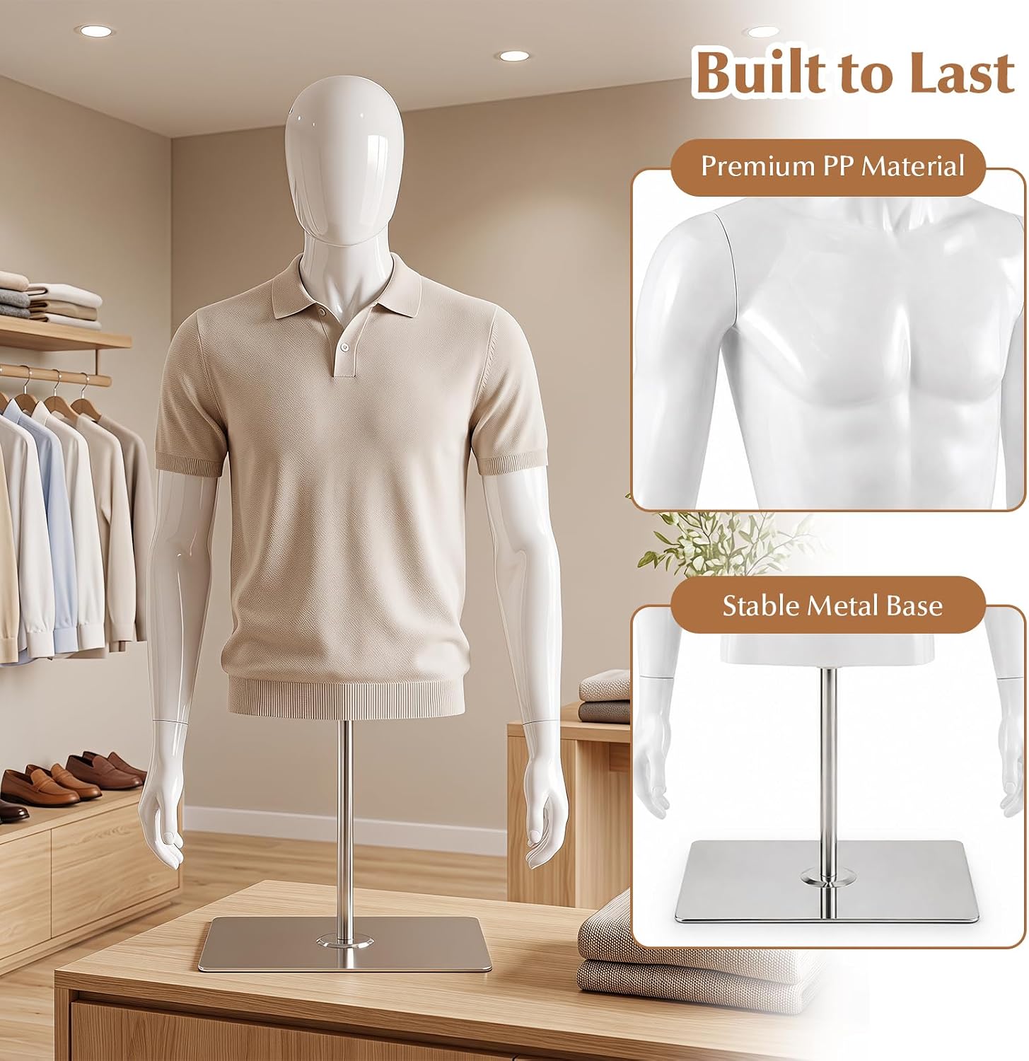 Half Body Male Mannequin Torso with Height Adjustable Metal Stand | Manikin Body with Rotating & Detachable Head