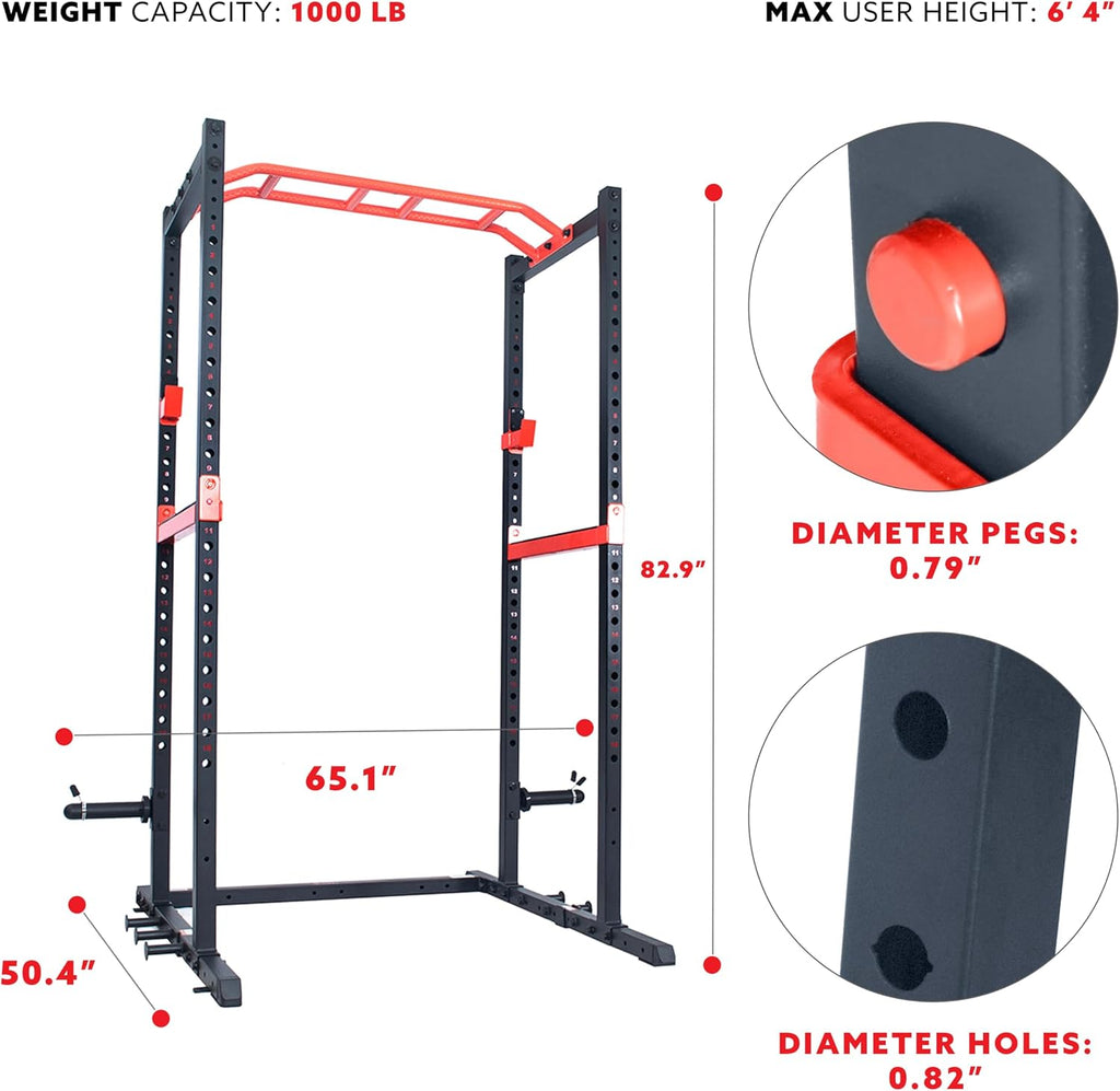 Power Zone Strength Rack Power Cage - 1000 LB Weight Capacity, Spotter Bar, Angled Pull-Up Bar, J-Hooks, Resistance