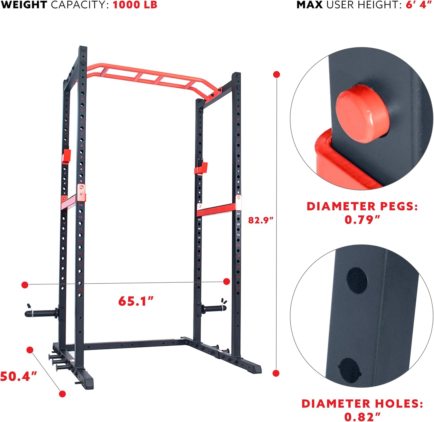 Power Zone Strength Rack Power Cage - 1000 LB Weight Capacity, Spotter Bar, Angled Pull-Up Bar, J-Hooks, Resistance