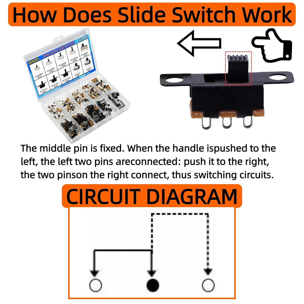 110Pcs Slide Switch Kit SPDT Micro Mini 2 Position 3 Pin Panel Mount
