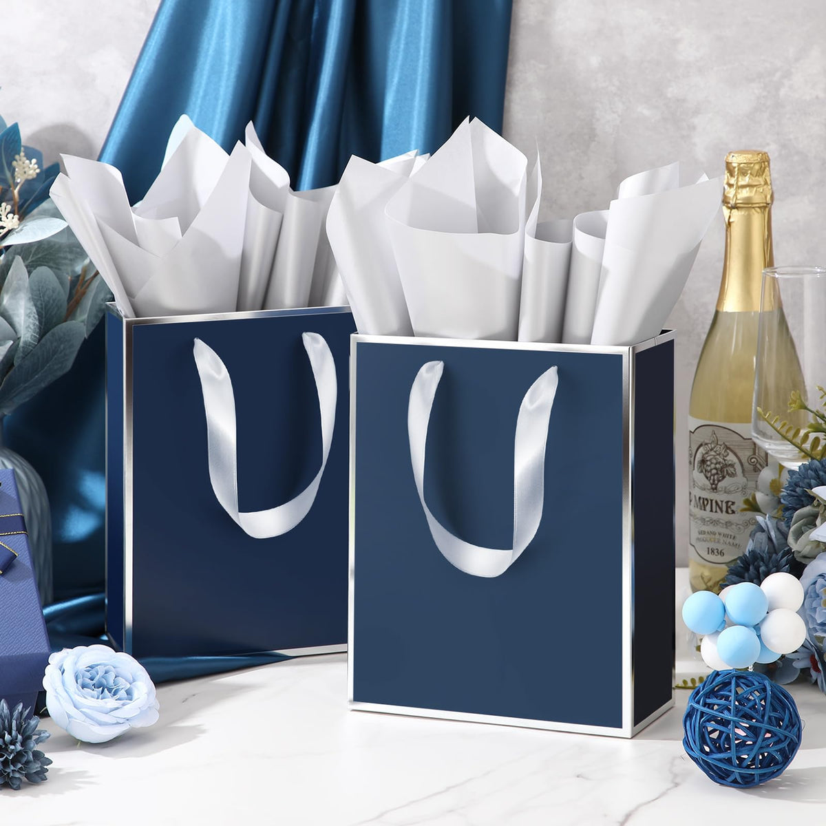 10 Pack Paper Gift Bags with Handle Tissue Paper, Navy Blue, Silver