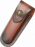 Leather Pocket Knife Sheath for Belt, Large 5in Folding Pouch | Brown cowhide leather, lion head snap, belt loop;
