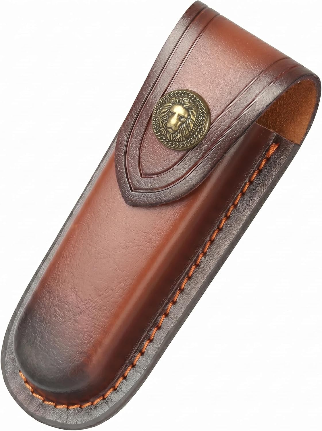 Leather Pocket Knife Sheath for Belt, Large 5in Folding Pouch | Brown cowhide leather, lion head snap, belt loop;